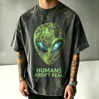 美式复古水洗做旧短袖 T 恤男 绿色外星人标语印花