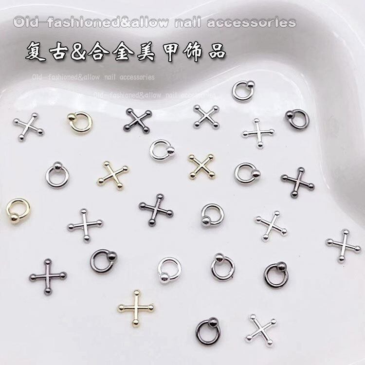 New Nail Art Cross-Shaped Accessories, Dark Punk Style Retro Alloy Cross X-Shaped Circle Nail Decorations