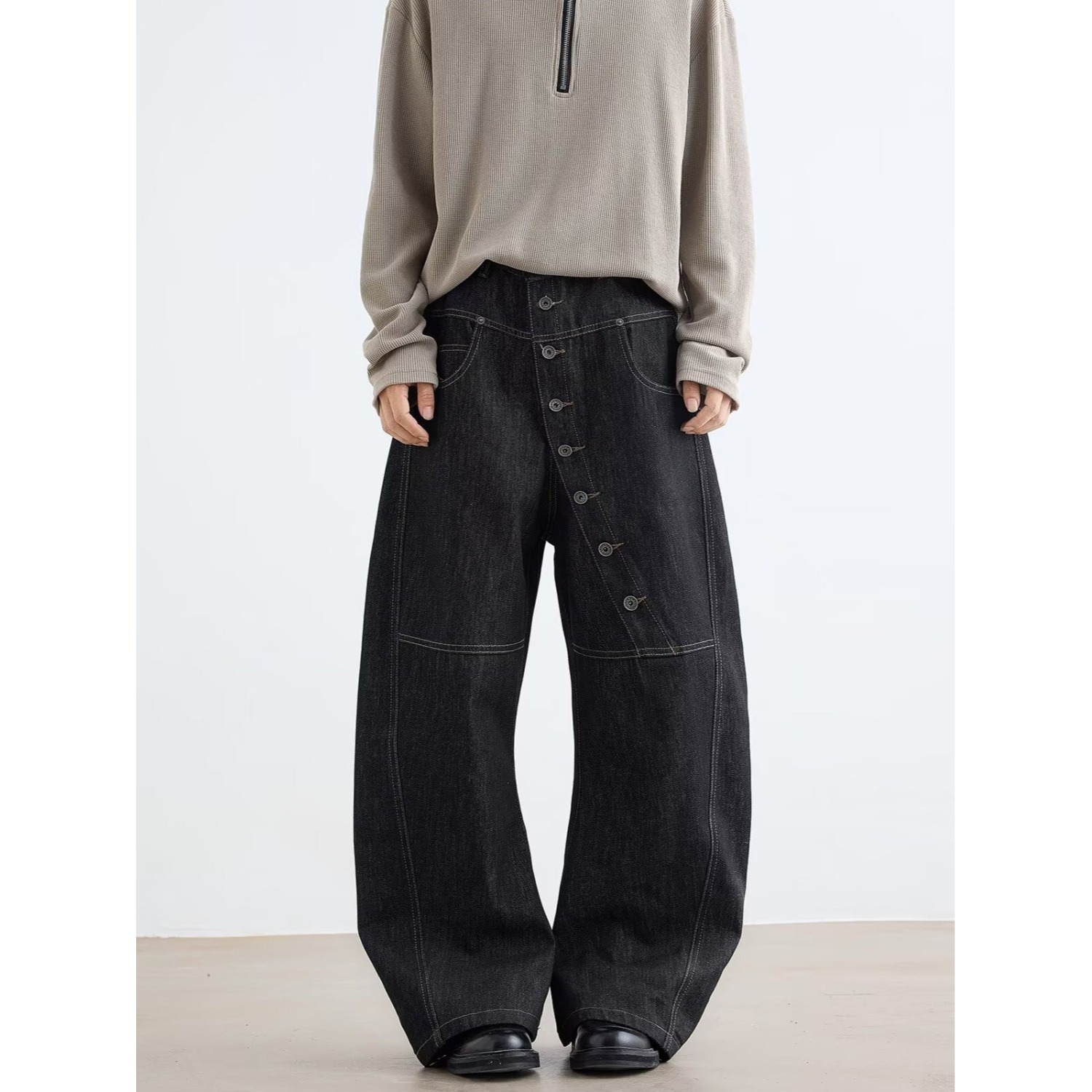 Men's Clothing Retro Patchwork Black Jeans For Unisex Plus Size Elastic Waist Loose Fit Slimming Versatile Spring Casual Denim_voghion.com