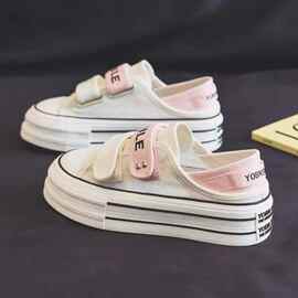 渐变色网面两穿魔术贴帆布鞋女夏季厚底小白鞋女2025新款半拖板鞋