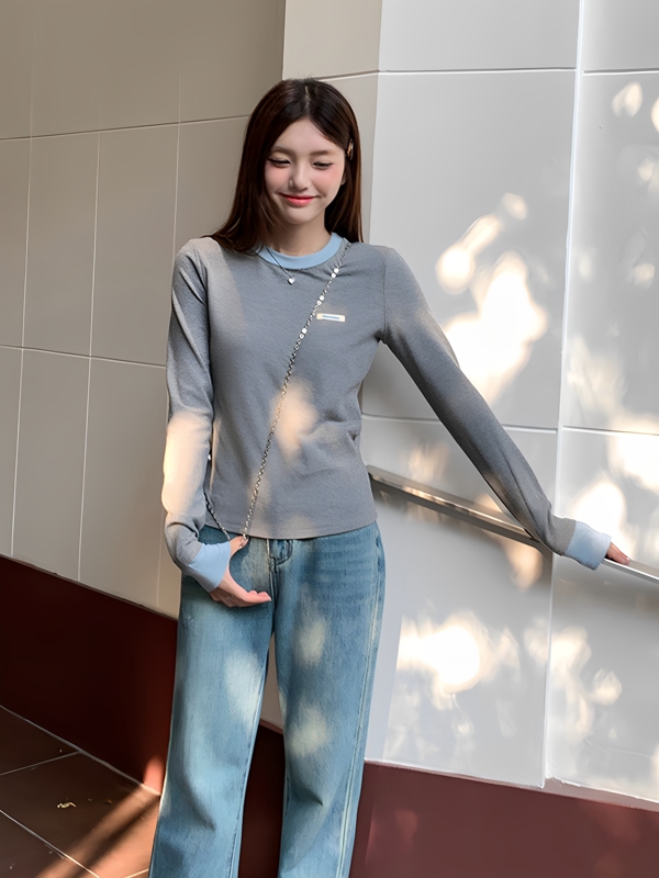 撞色假两件长袖t恤女带胸垫打底衫2025新款设计感修身外穿上衣秋|undefined