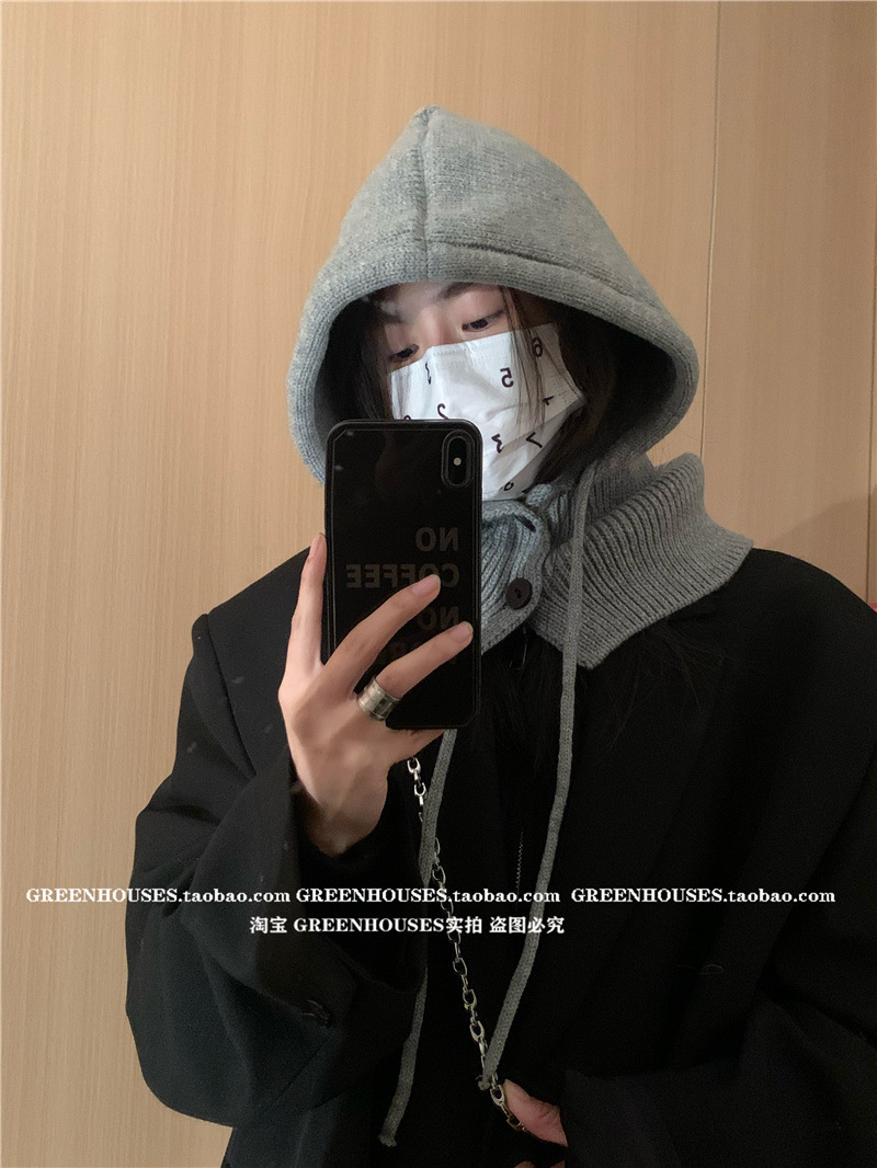 Corea del Sur pasamontañas sombrero de invierno de las mujeres sombrero cálido bufanda integrada pareja de protección auditiva de lana sombrero de punto