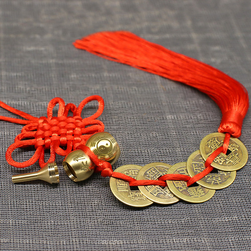 Brass open cover with Fu Lu An Kang copper gourd, auspicious knot, wearing Qinglong and Baihu hollow copper gourd, five emperors coin pendant