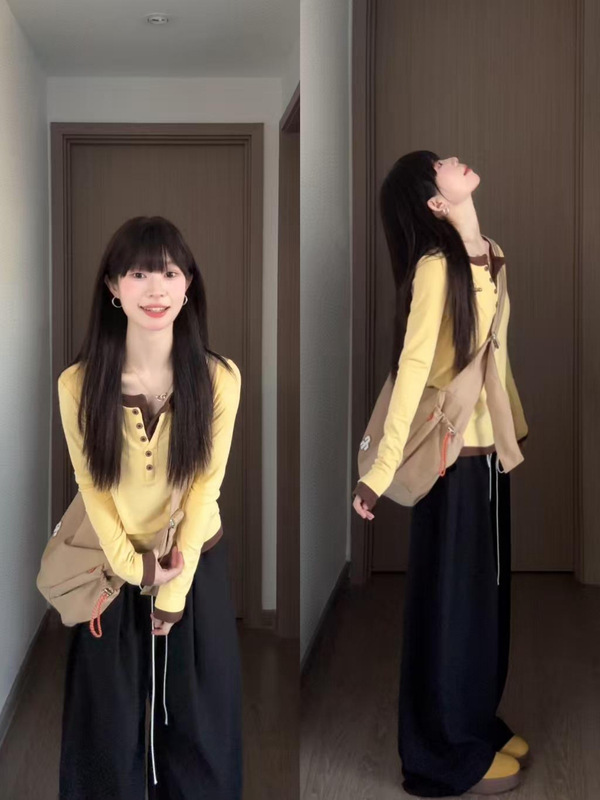 韩系休闲设计感黄色假两件长袖T恤女秋季气质修身显瘦打底衫上衣|undefined