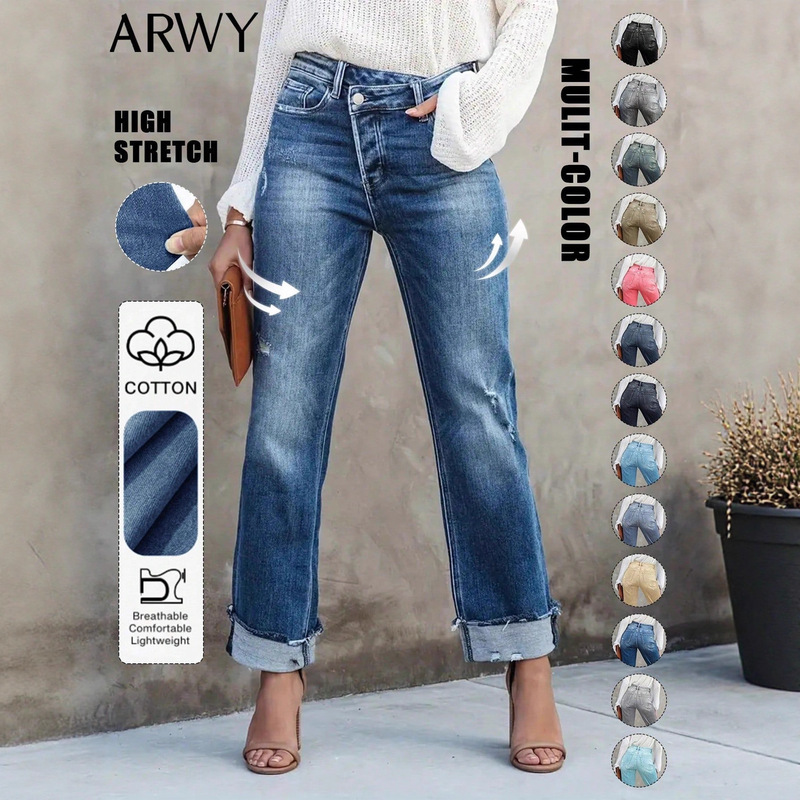 New Trendy Cross-Border E-Commerce Hot-Selling European and American Style Straight-Leg Jeans for Women, Slim Fit, Stretchy, Ripped, Versatile, Fashionable Women's Long Pants