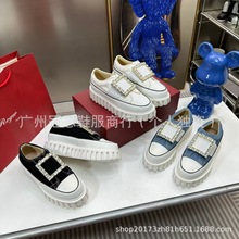 水钻方扣帆布鞋2023秋季新款厚底松糕底牛仔布休闲运动小白鞋