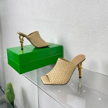 欧美风2023年夏季新款时尚细跟高跟凉鞋 编织方头正皮女拖鞋