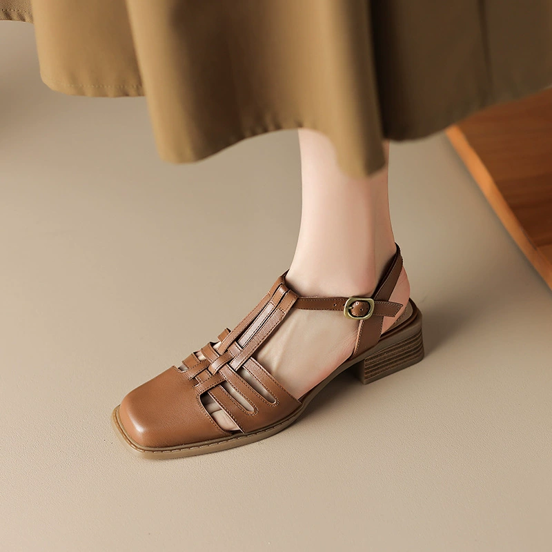 Pig Cage Shoes 2024 летние женские босоножки на каблуке, иностранный стиль, размер 40-41, квадратный носок, с открытой пяткой