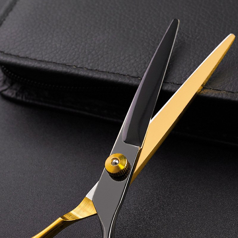 Forbici✂Forbici da parrucchiere a denti piatti in acciaio inossidabile nero e oro, set professionale per il taglio dei capelli_voghion.com