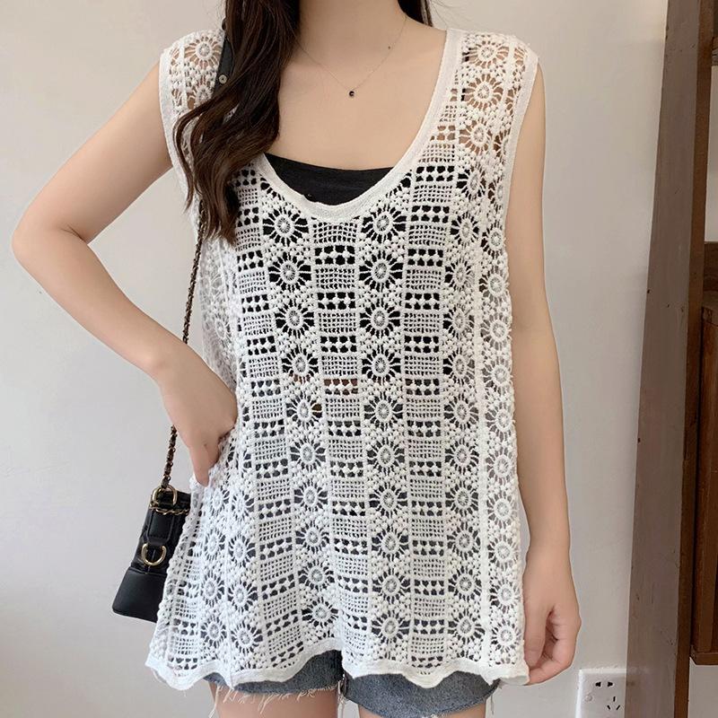 Customized Spring and Summer Cut Out Literary V-Neck Simple Loose Vest for Women's Beach Vacation Outer Cut Out Shirt Ck136