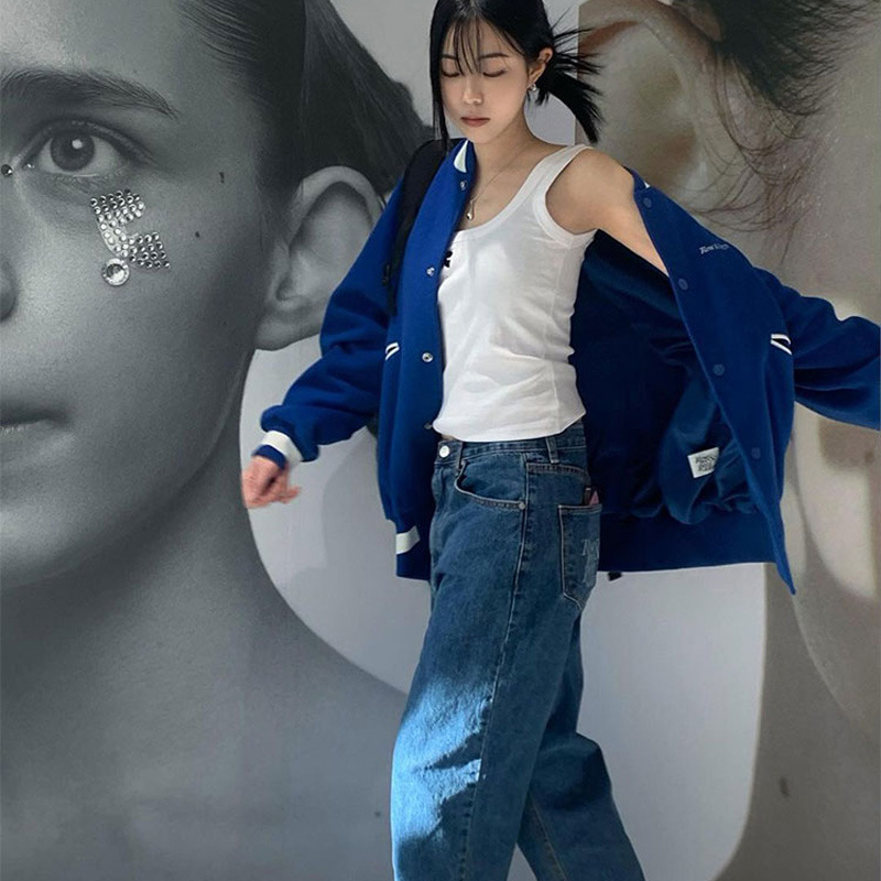 韩国小众潮牌2025秋冬新款RR撞色印花宽松休闲直筒牛仔裤长裤女|undefined