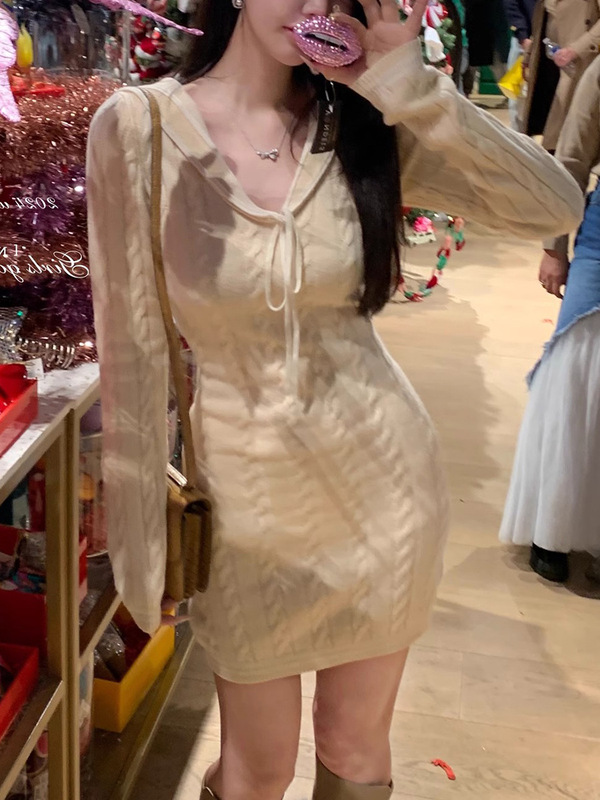 Navy Collar Wool Navy Collar Knitted Slim Dress V Neck Lace-Up