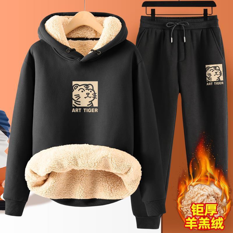 가을과 겨울 양고기 벨벳 스웨트 셔츠 남성용 후드 벨벳 두꺼운 따뜻한 학생 레저 느슨한 스포츠 세트 12