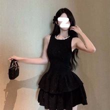 夏季新款小香风细闪收腰连衣裙女 生日礼服小黑裙辣妹装跨境代发