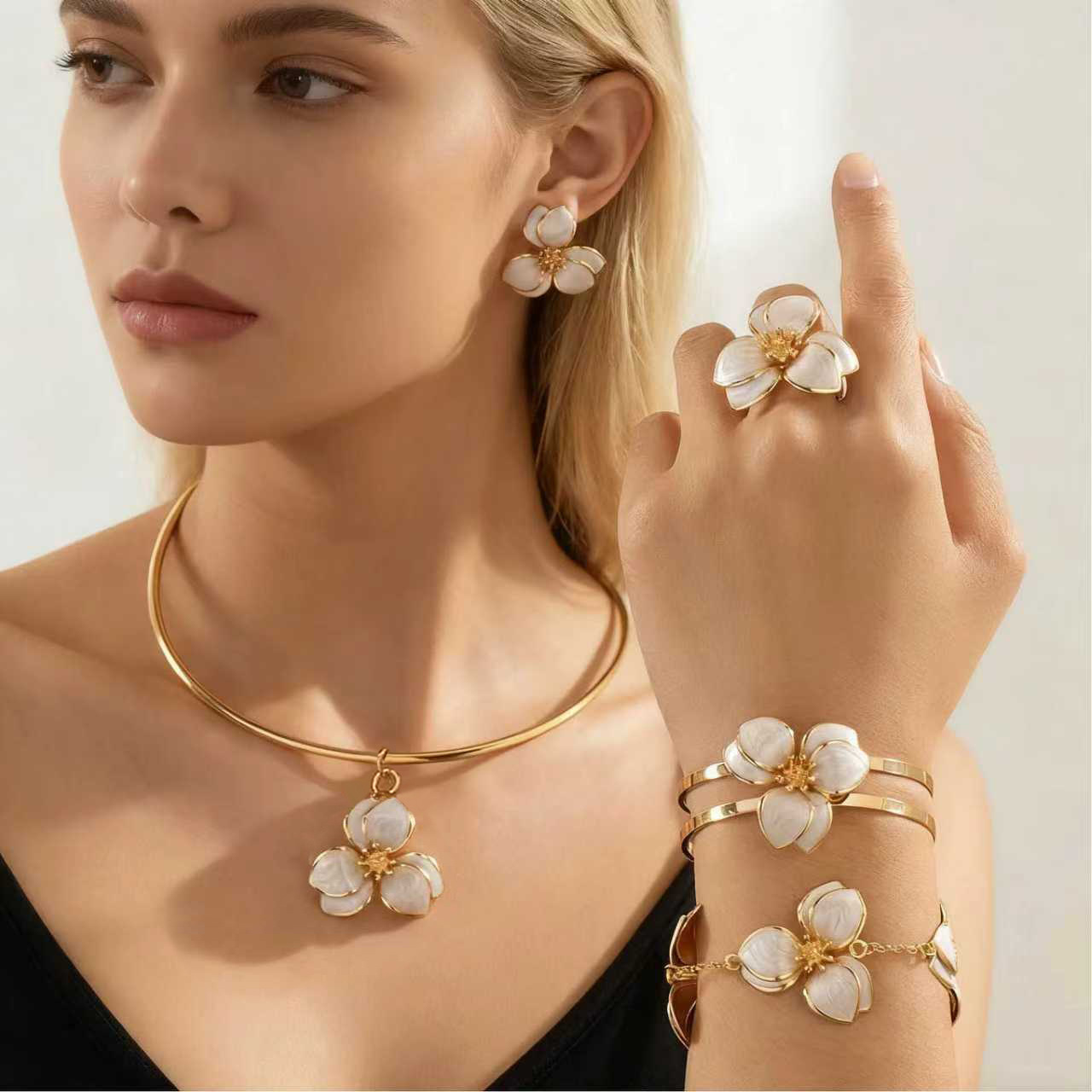 European and American Cross-Border Niche Design Oil Drop Flower Earrings Necklace Bracelet Bracelet Forest Resort Style Jewelry Set for Women