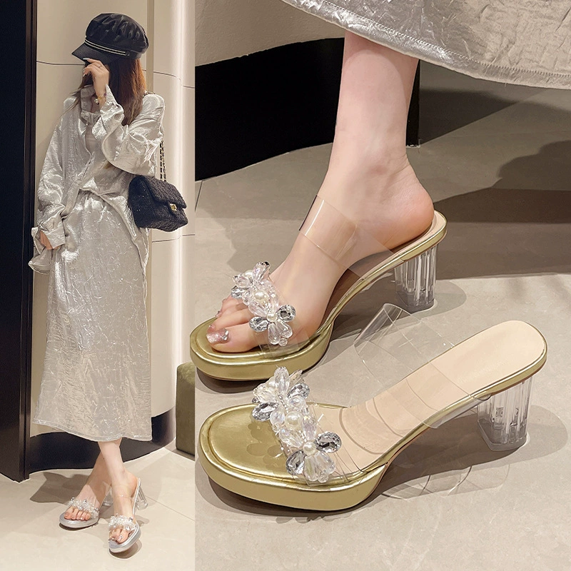 Прозрачные женские туфли на высоком каблуке 2025 лето новые водонепроницаемые платформы толстый каблук универсальные простые элегантные босоножки на высоком каблуке