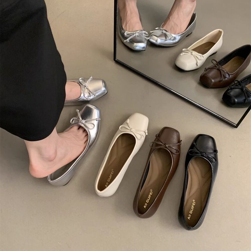 Bowknot Square-Toe Flat Shoes Shallow Mouth Loafers 2025 Spring New Fairy Style Gentle Shoes for Women
