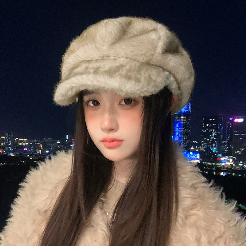 2025贝雷帽女冬季加厚保暖鸭舌帽显脸小高级毛绒帽时尚百搭八角帽|undefined