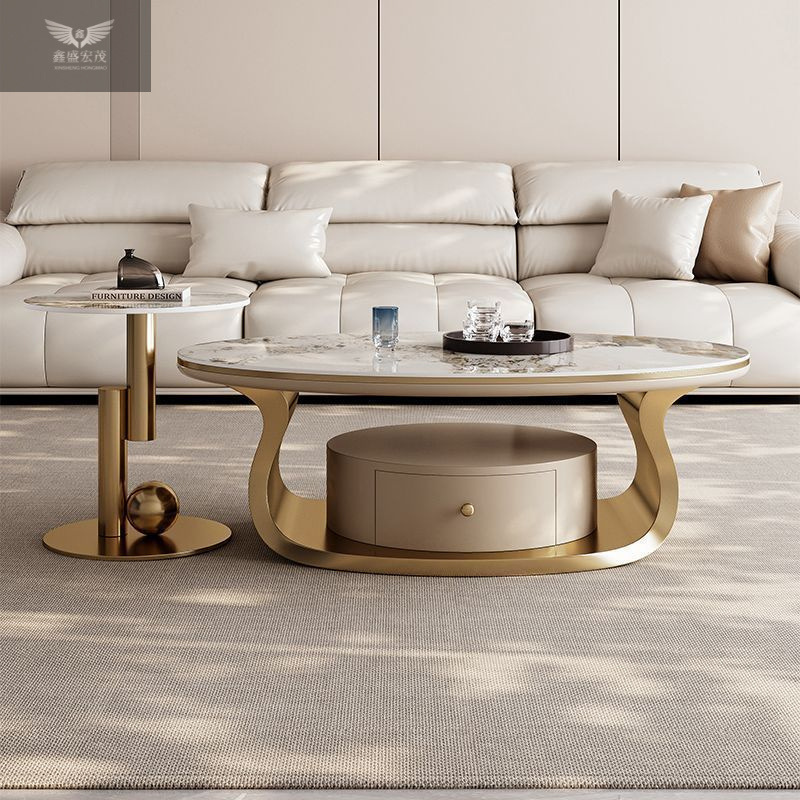 sala de estar hogar con tabla de té de fumar, tabla de té de tabla de roca ovalada de lujo ligera, combinación de gabinete de televisión, combinación de sala de estar de alta calidad