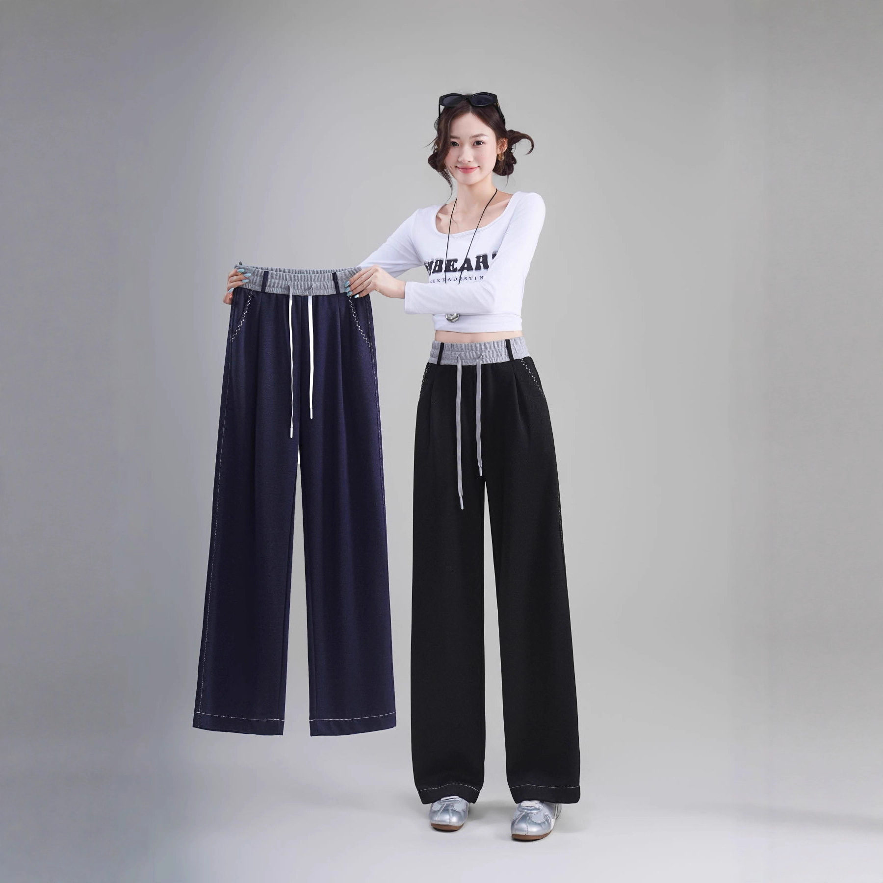 2025秋冬新款撞色腰牛仔裤针织免洗抽绳舒适直筒阔腿休闲裤女裤