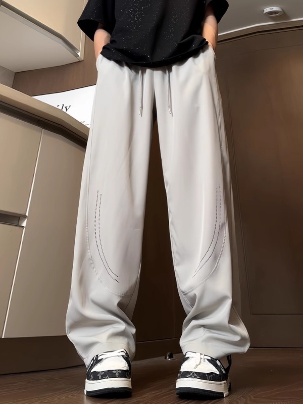 ウッドペッカーレーザー通気性メッシュドレープアイスシルクパンツメンズ夏薄いルーズストレートワイドレッグカジュアルパンツ|undefined