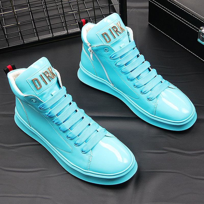 男鞋四季潮鞋漆皮亮皮板鞋男生高帮休闲鞋2025新款荧光绿金银白色