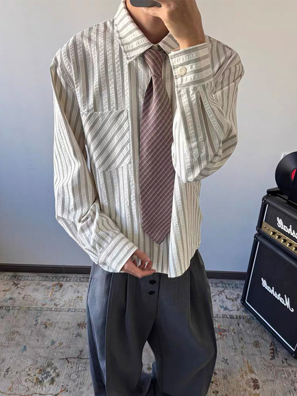 泡泡纱美式条纹衬衫男春秋款高级感正肩长袖衬衣cleanfit防晒外套|undefined