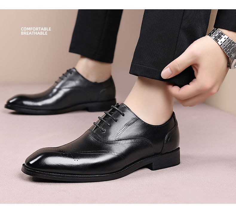 Giày da nam công sở da bò lớp đầu mũi nhọn Brogue buộc dây đế gỗ — Màu nâu, màu đen chi tiết 15