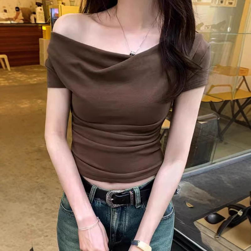 Fashion Design Sense Sexy Pile Collar Slim-fit Slimming Short-sleeve Low V-neck T-shirt Women's Summer Spice Girls Swing Collar Short Top