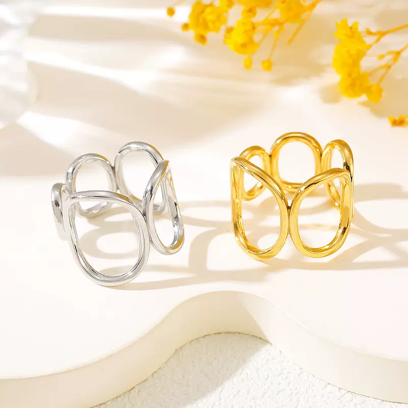 欧美时尚方圆不锈钢气质百搭油压开口戒指钛钢戒指不规则圆形饰品