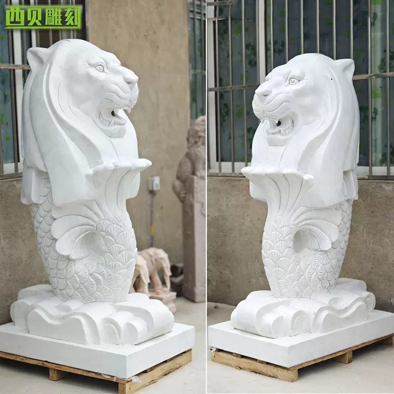 供应汉白玉鱼尾狮雕塑欧式大理石喷水动物狮子雕塑广场工艺品摆件
