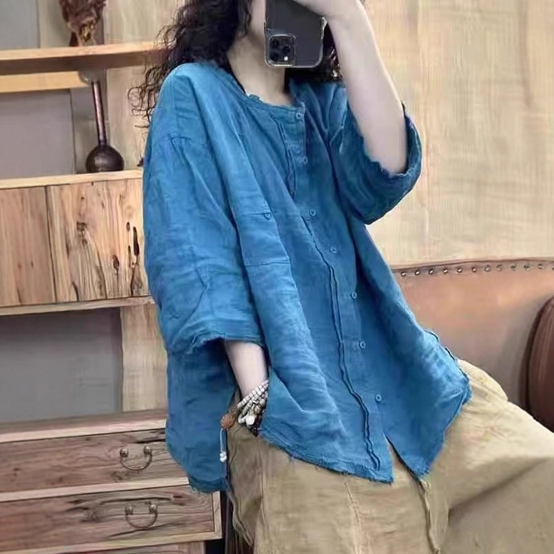 Literary Retro Large Size Linen Shirt Cardigan Women's Summer Sun Protection Thin Coat Loose Casual Half-Sleeved Cotton and Linen Top