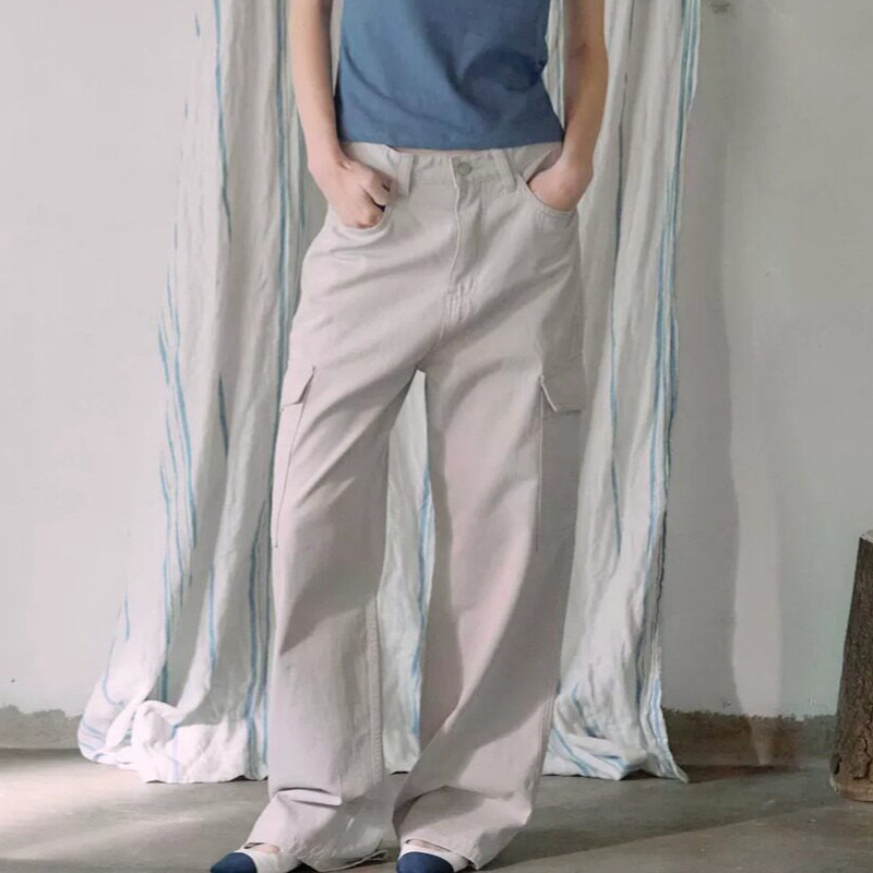 New Tan*At Side Pocket Solid Color Cargo Pants Korean Designer Women's Fashion Sweet Cool Style Straight-Leg Korean Style Long Pants