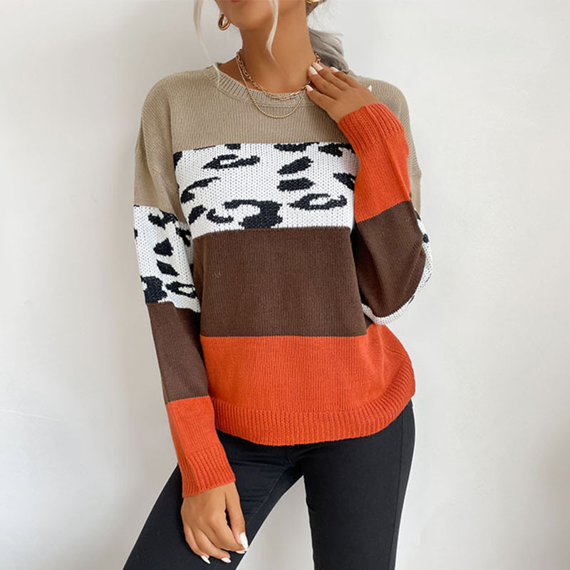 Leopard Print Color Matching Casual Tops Sweaters Pullovers_voghion.com