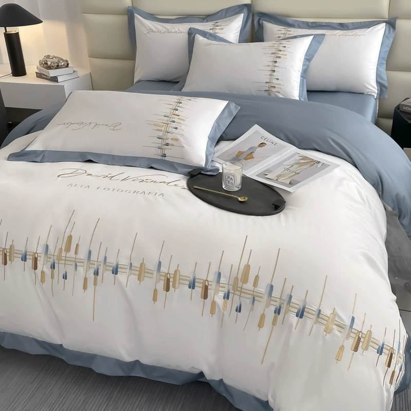 Современный модный хлопковый комплект простыня оптом стиль light luxury с вышивкой простого и элегантного дизайна комплект из 4 предметов