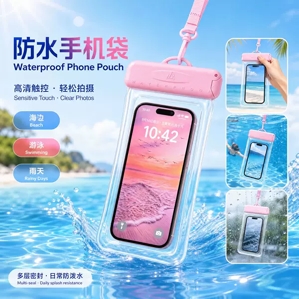 Waterproof Mobile Phone Bag with Touch Screen Capability, Self-Sealing Bag for Swimming, Diving, Taking Photos at the Beach, Transparent Waterproof Phone Case for Rafting