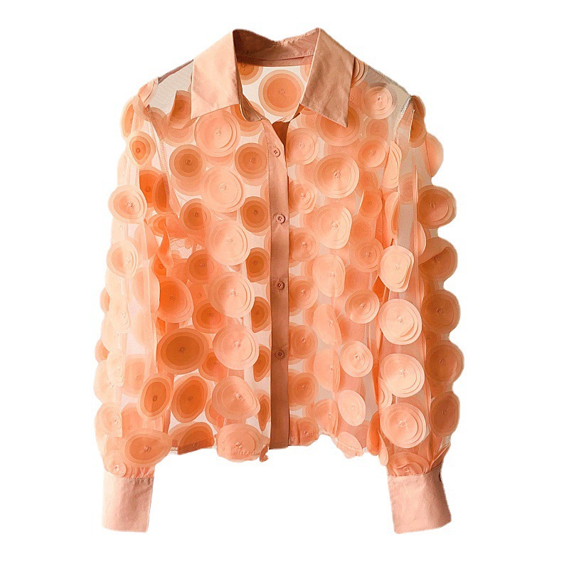 French palace style three-dimensional flower stage wear women's chiffon shirt hollow lantern sleeves foreign style mesh shirt for women_senzul.com