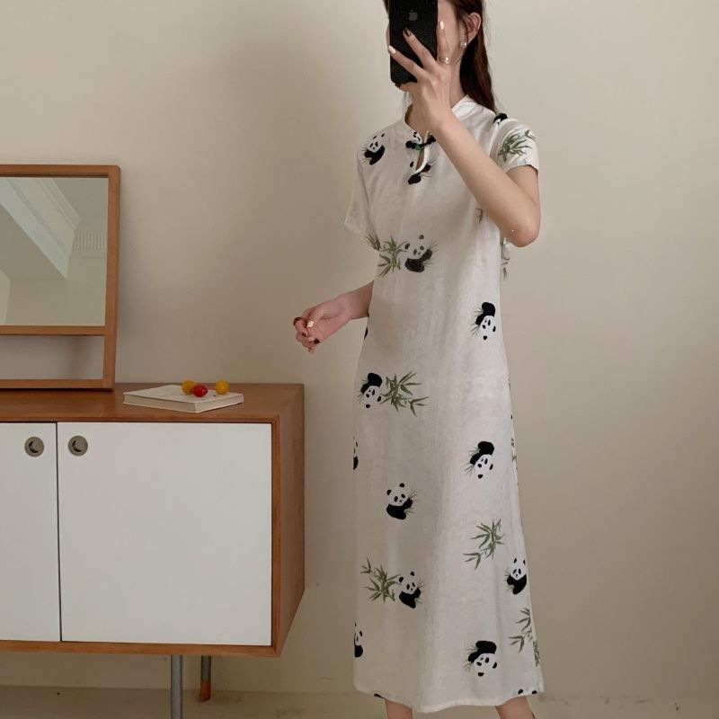 New Chinese-style nightgown for women, spring/summer, elegant and classic, with traditional Chinese knot closures, 2026 new collection, short-sleeved, made of cotton and silk blend, long dress