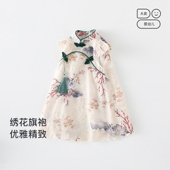 女童連衣裙中國風夏季薄款刺繡漢服女寶寶公主裙女孩旗袍復古裙子