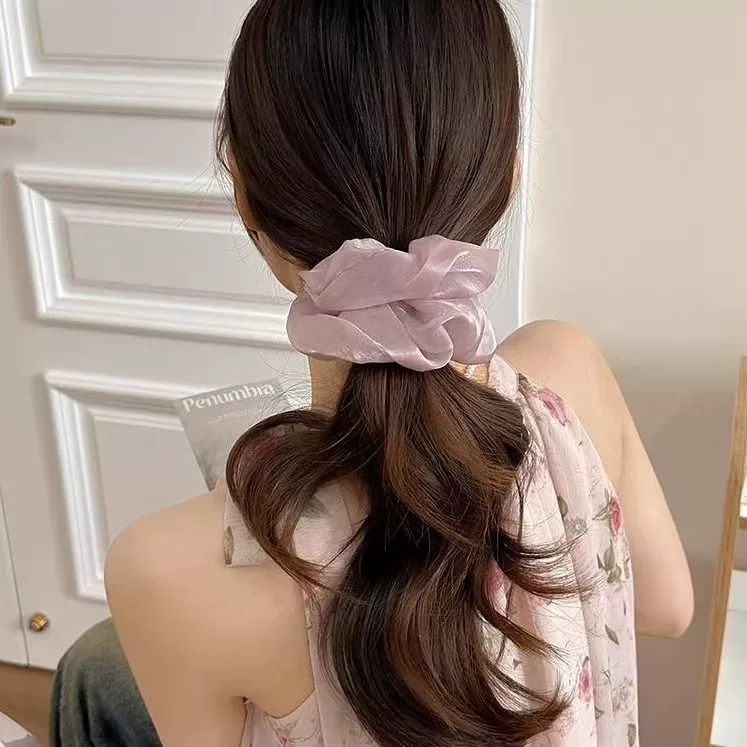 Oversized Hair Scrunchie, Purple Polka-Dot Mesh & Solid Satin, High-Elastic Durable 13 cm