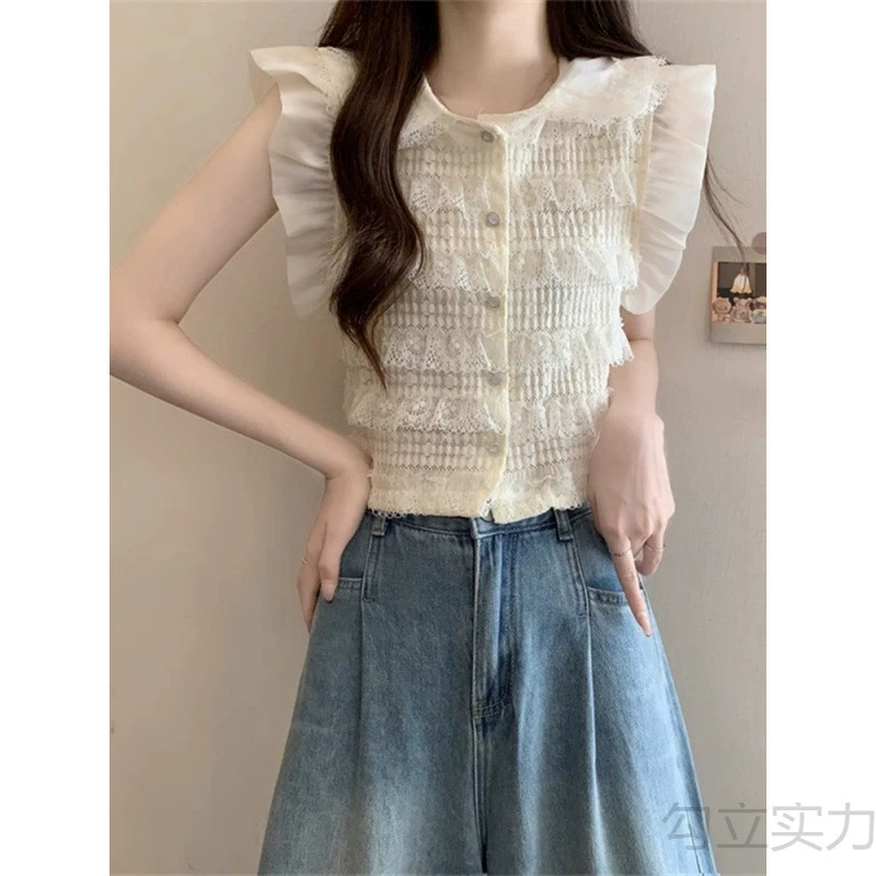 新无袖蕾丝衬衫女2025夏季新款法式小飞袖娃娃领坎肩背心短款上衣