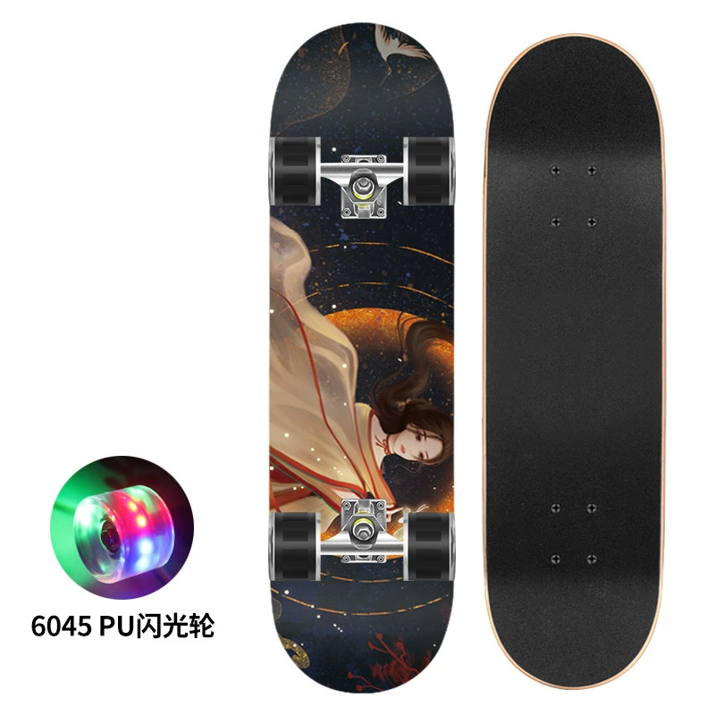 Polyurethane flash skateboard, 80×20 cm, double-kick deck, 6045 PU wheels, 300 lb load