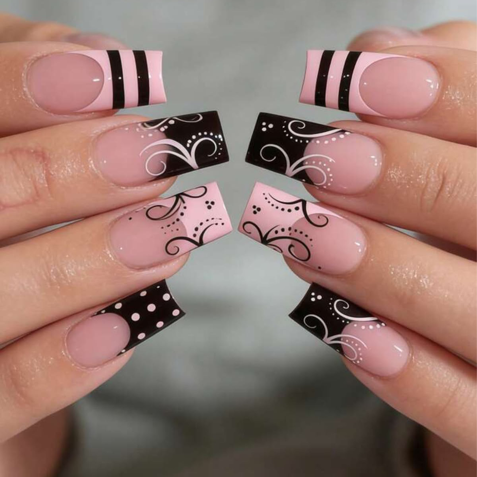 LeFan Nail Art Polka Dot Striped French Style Wearable Nails Simple Medium-Long Square Pattern Foreign Trade False Nails Wholesale