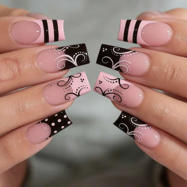 LeFan Nail Art Polka Dot Striped French Style Wearable Nails Simple Medium-Long Square Pattern Foreign Trade False Nails Wholesale