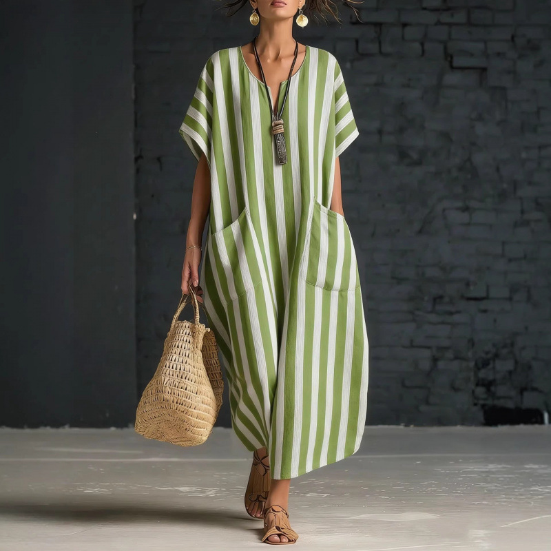 European and American fashion cross-border foreign trade Amazon independent site new loose V-neck striped printed dress for women
