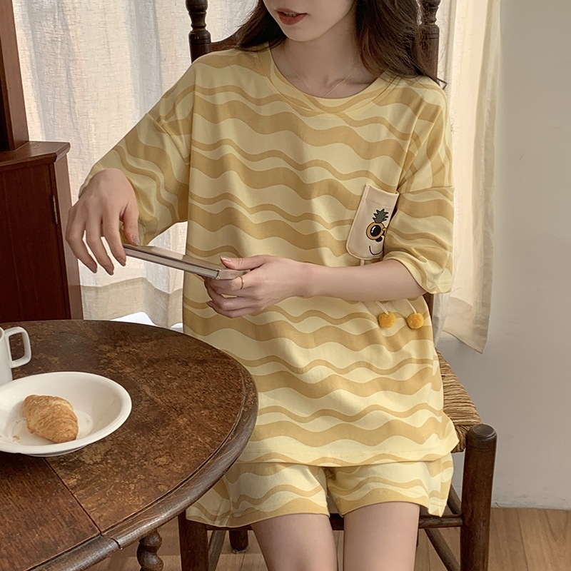 Pajamas for Women, Cotton Short-Sleeved Shorts, Summer Korean Style Cute Cartoon Casual Loose Home Clothes Set That Can Be Worn Outside