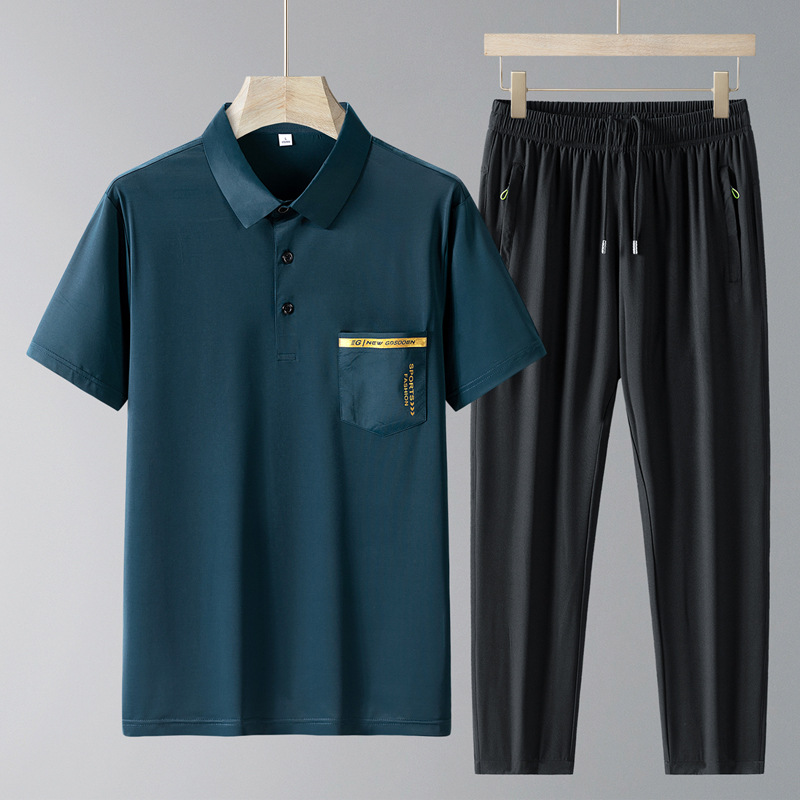 Papá con un nuevo conjunto de deportes casuales de mediana edad hombre de verano de manga corta pantalones largos de verano de hielo dos piezas