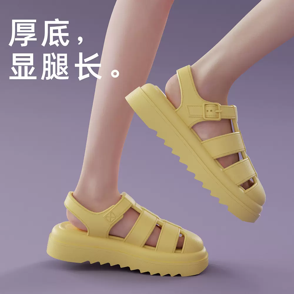 韩版时尚女士休闲外穿纯色罗马凉鞋夏季踩屎感厚底网红包头沙滩鞋