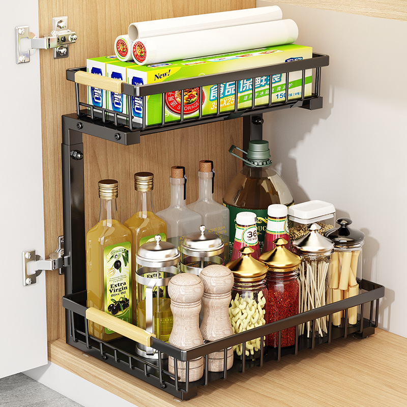 Kitchen Sink Storage Rack Without Punching Holes in the Cabinet for Seasonings Pull-Out Basket Multi-Functional Layered Pull-Out Storage