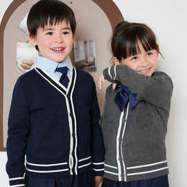 跨境俄罗斯亲子装撞色口袋中大儿童针织开衫学院校服女童毛衣外套